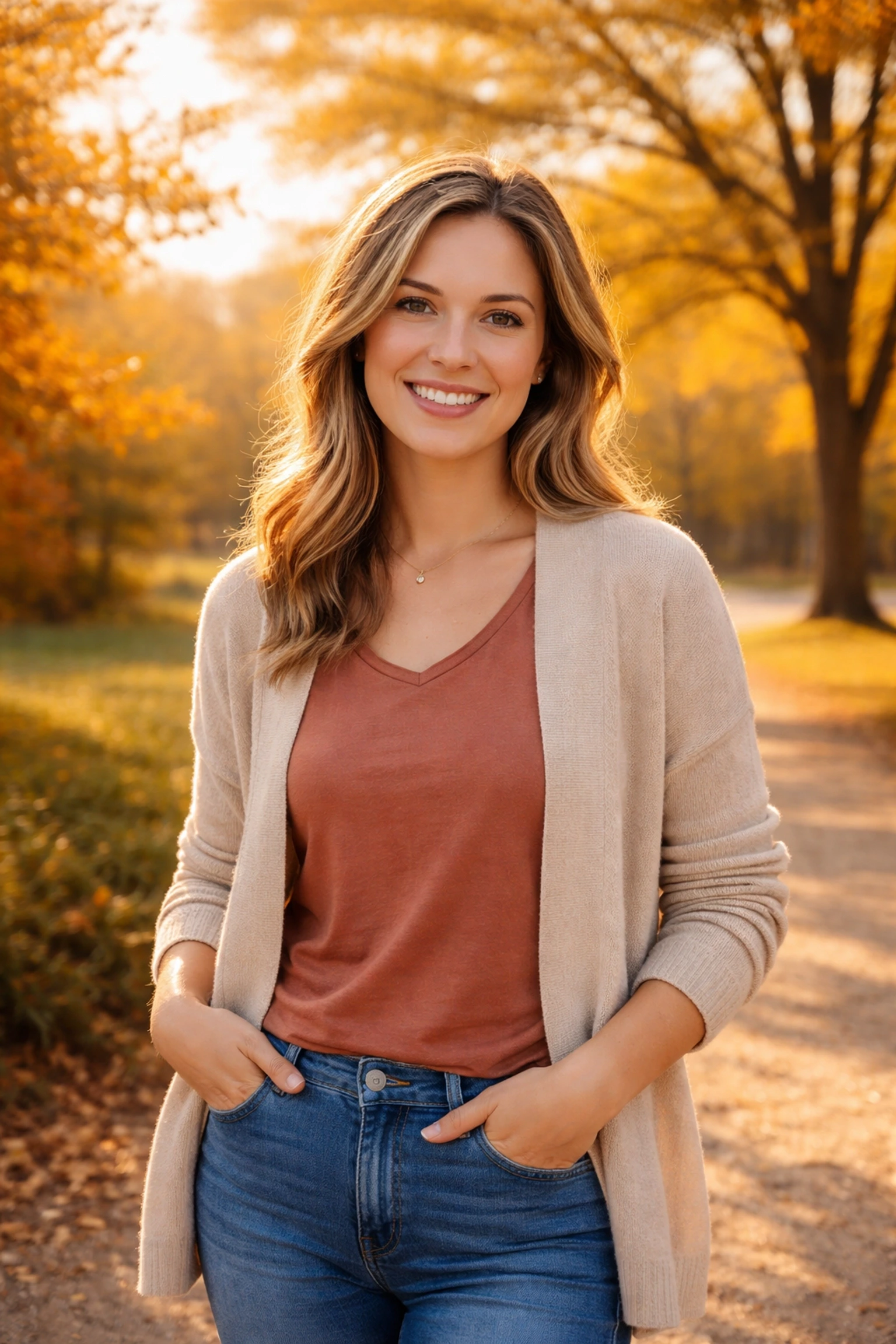 Confident Wisconsin woman in autumn park, feeling empowered by surrogacy facts and education