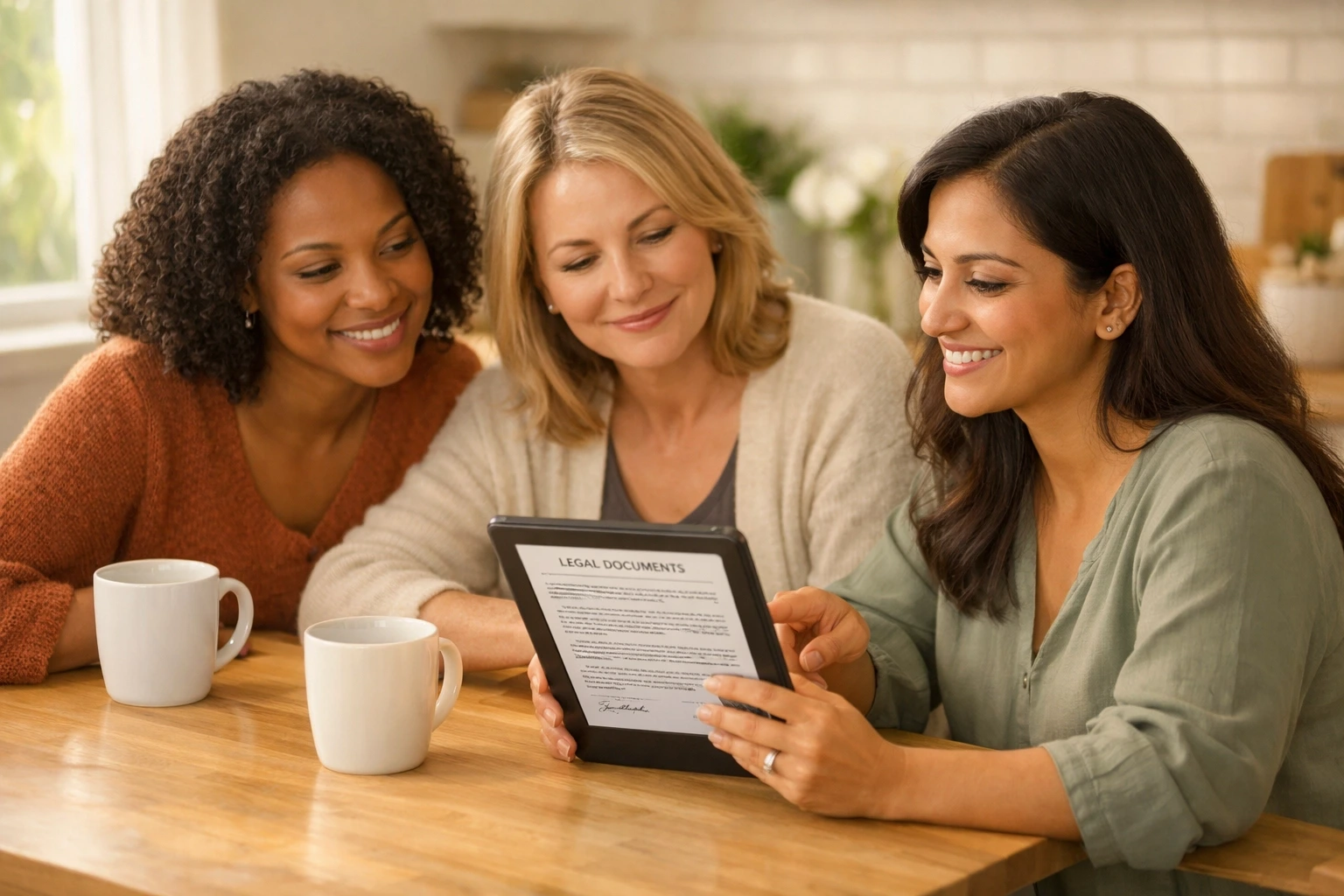 Women reviewing New Jersey surrogacy legal information together over coffee