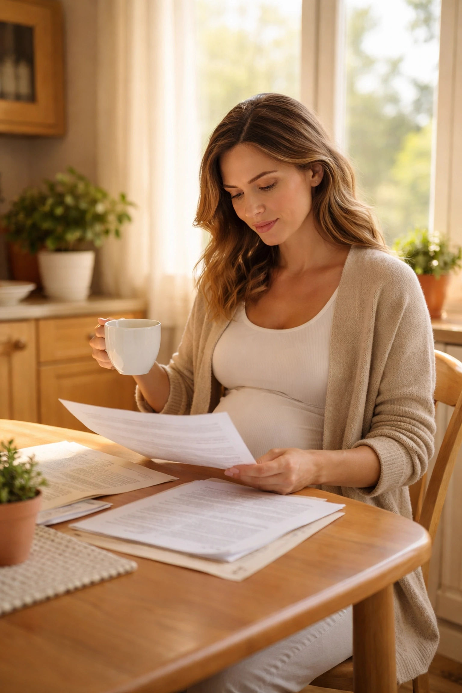 Pregnant woman in a Wisconsin home reviewing surrogacy insurance paperwork with a calm, confident expression.