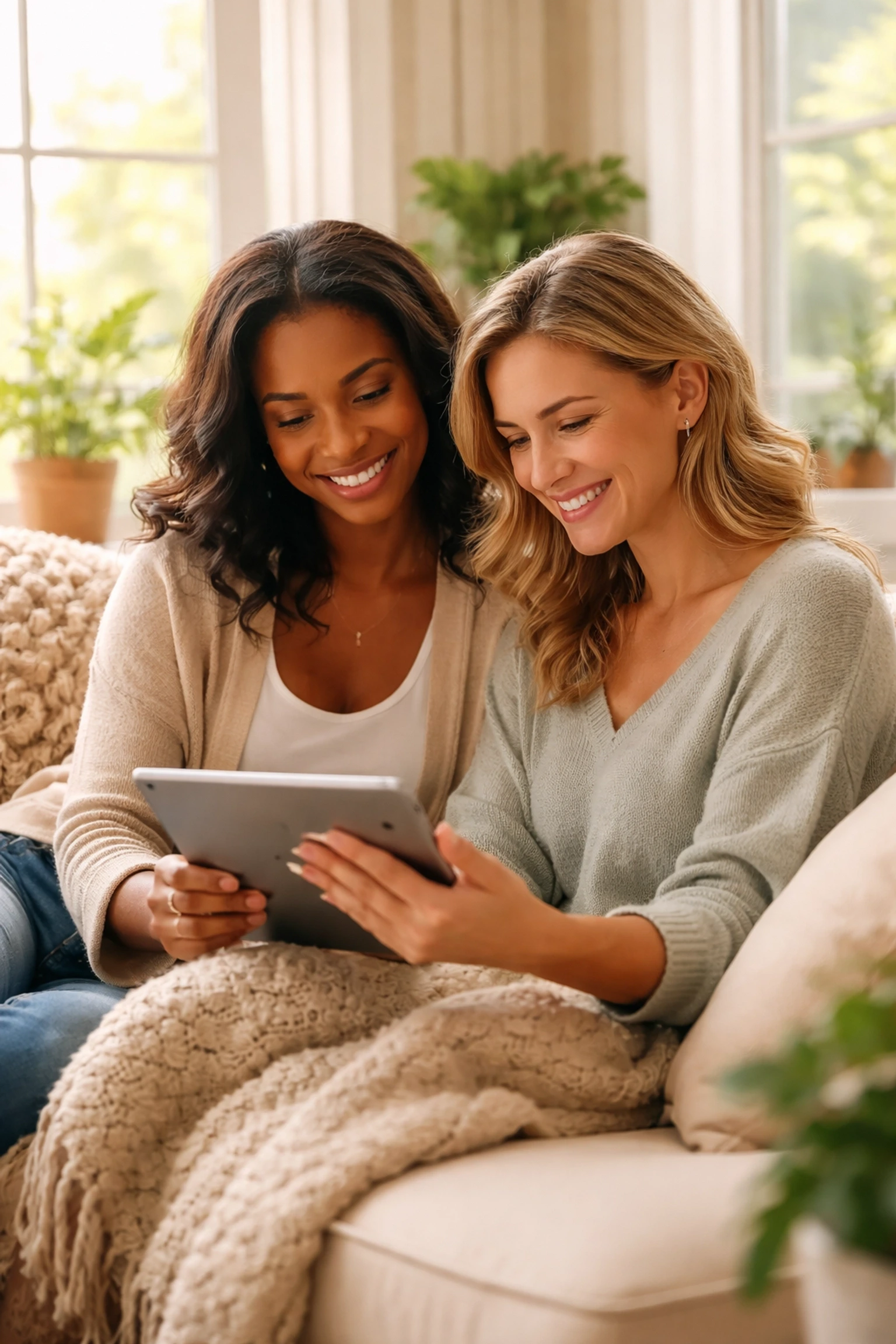Two women smiling and connecting on a sofa during a surrogacy matching meeting in Wisconsin.