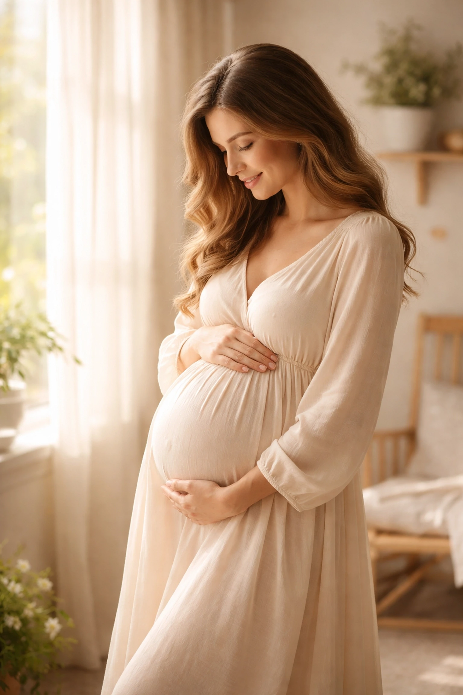 Pregnant woman in a cozy nursery, gently holding her belly, representing the pregnancy stage of Wisconsin surrogacy.