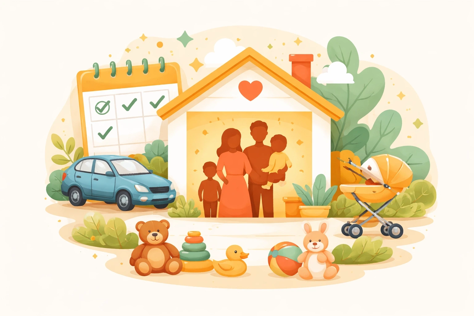 Colorful illustration showing a supportive Wisconsin family home, childcare planning, and lifestyle stability for surrogates.