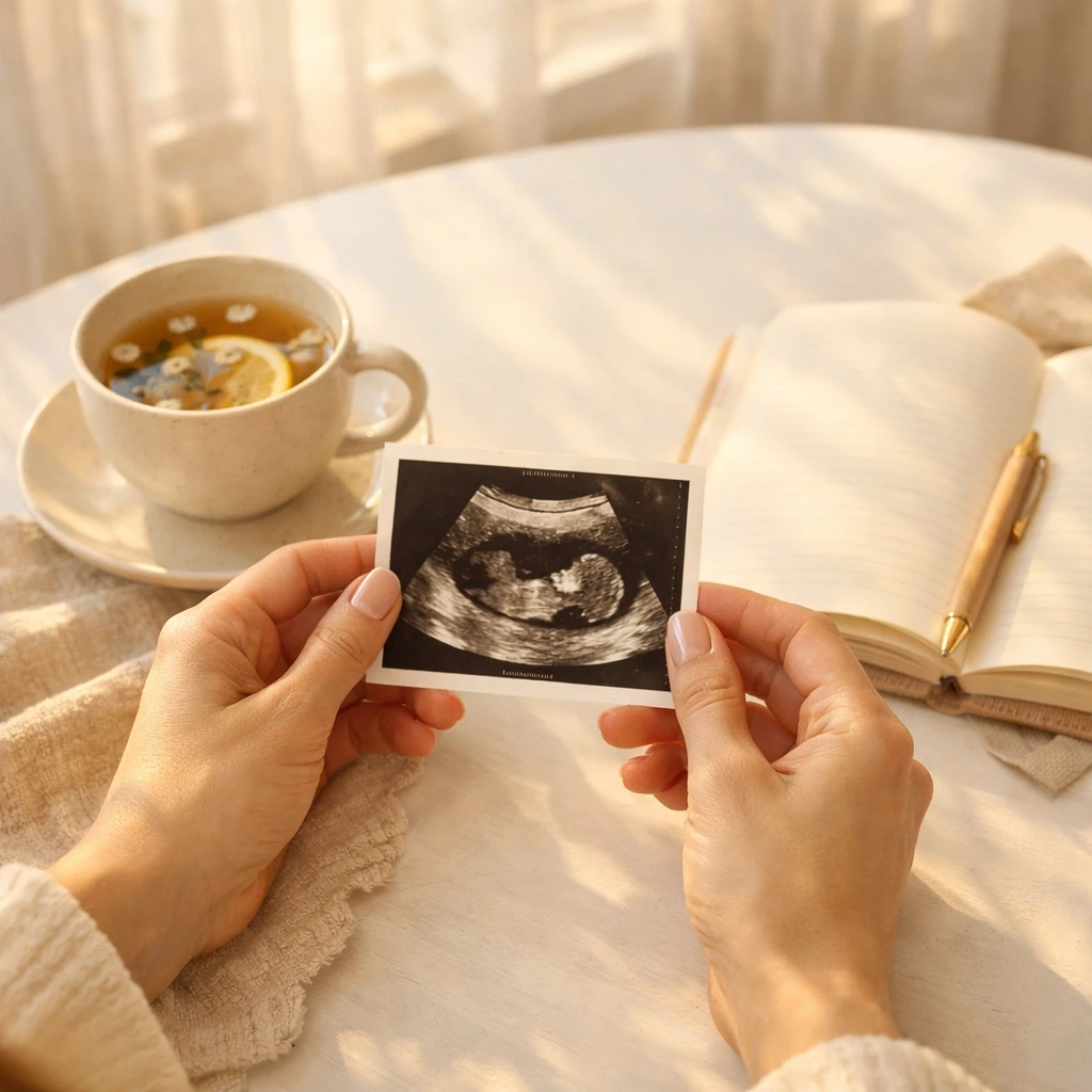 Surrogate holding ultrasound image during New Jersey clinic screening process