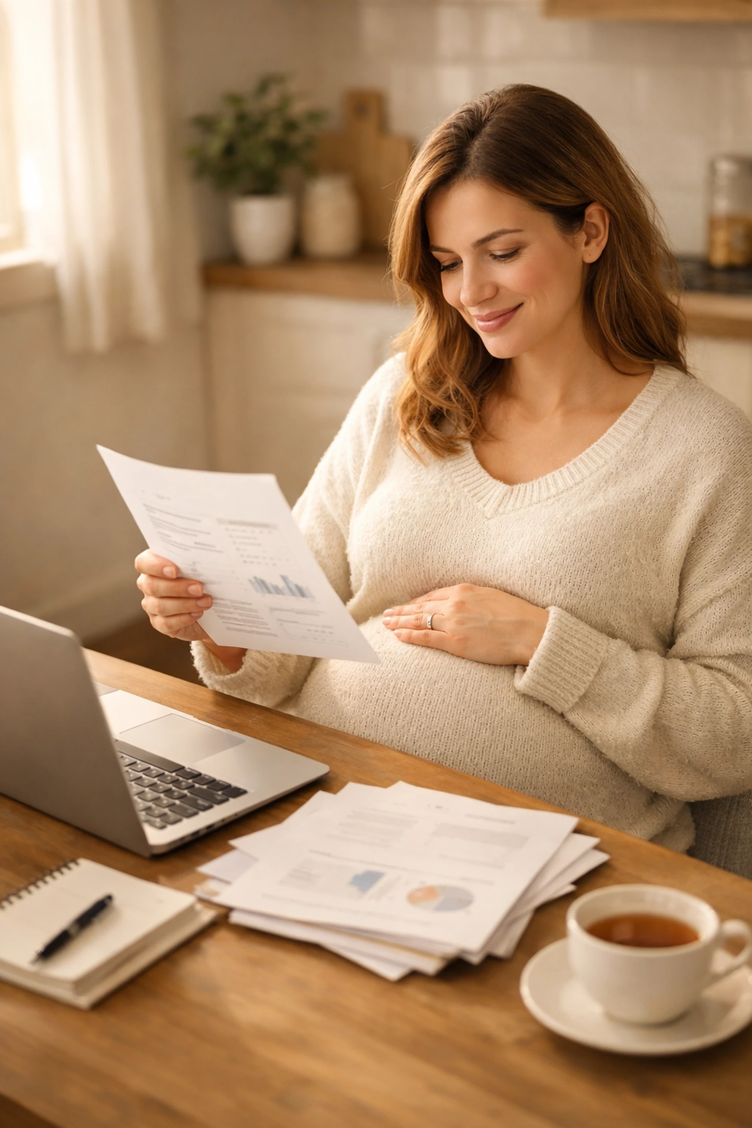 Pregnant woman reviewing New Jersey surrogate compensation documents at home