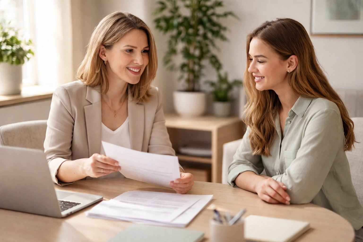 A professional reviews Pennsylvania surrogacy insurance documents with a relaxed surrogate, highlighting supportive coverage review.