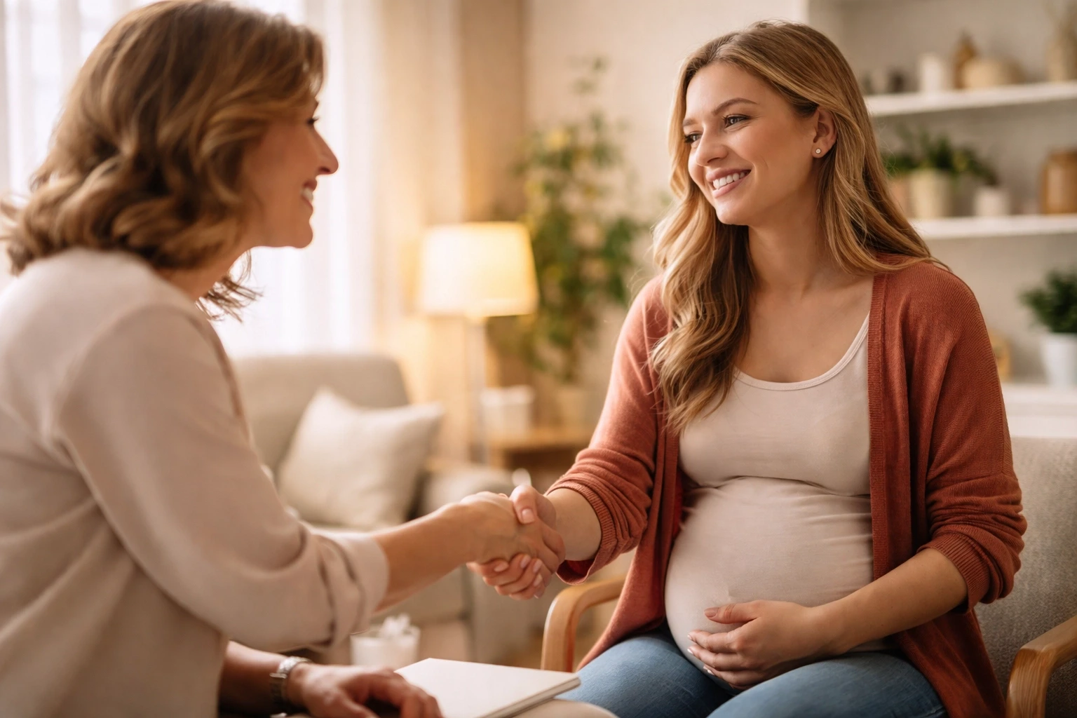 A Golden Surrogacy team member warmly shakes hands with a surrogate, reinforcing trust in Pennsylvania surrogacy insurance guidance.