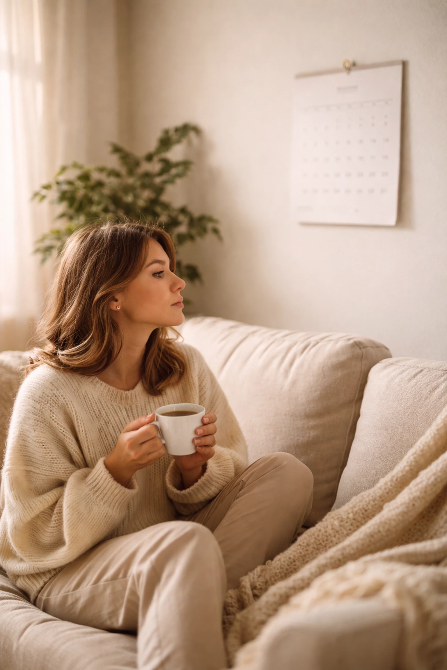Woman planning her Pennsylvania surrogacy timeline while reflecting on a calendar and sipping tea