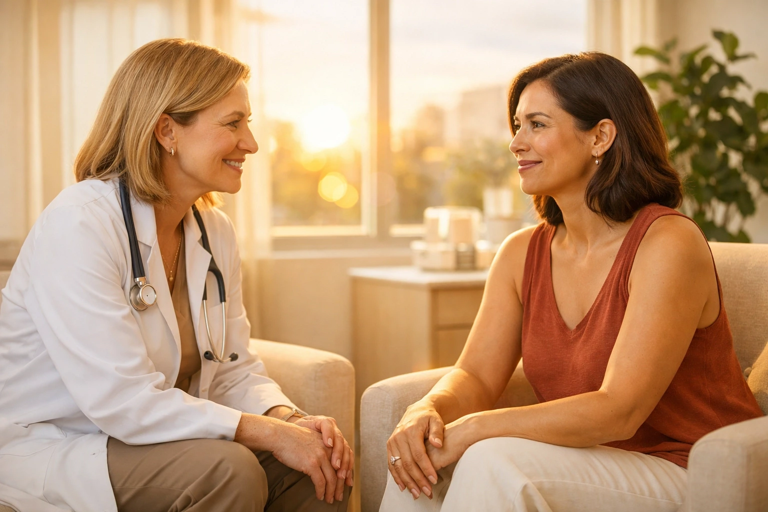 Doctor and surrogate discussing medical care, representing bodily autonomy in Massachusetts surrogacy.