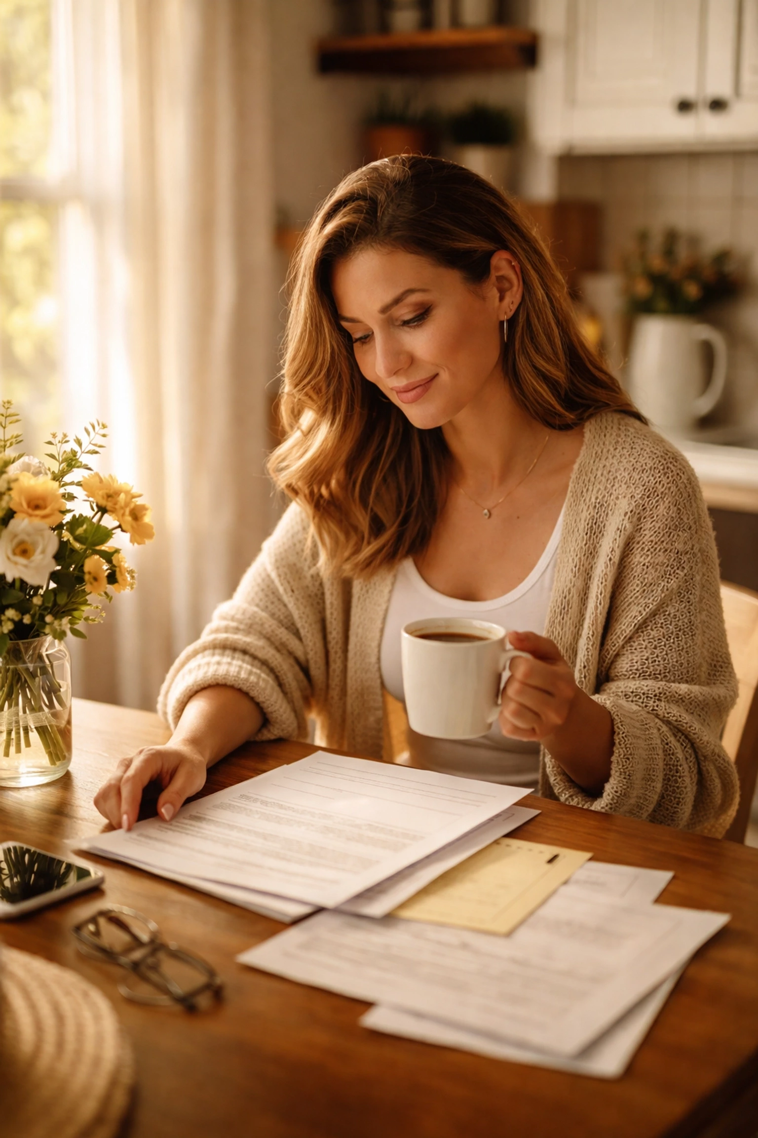 Confident Pennsylvania woman reviews surrogacy paperwork at home, representing legal protections for Surrogates.