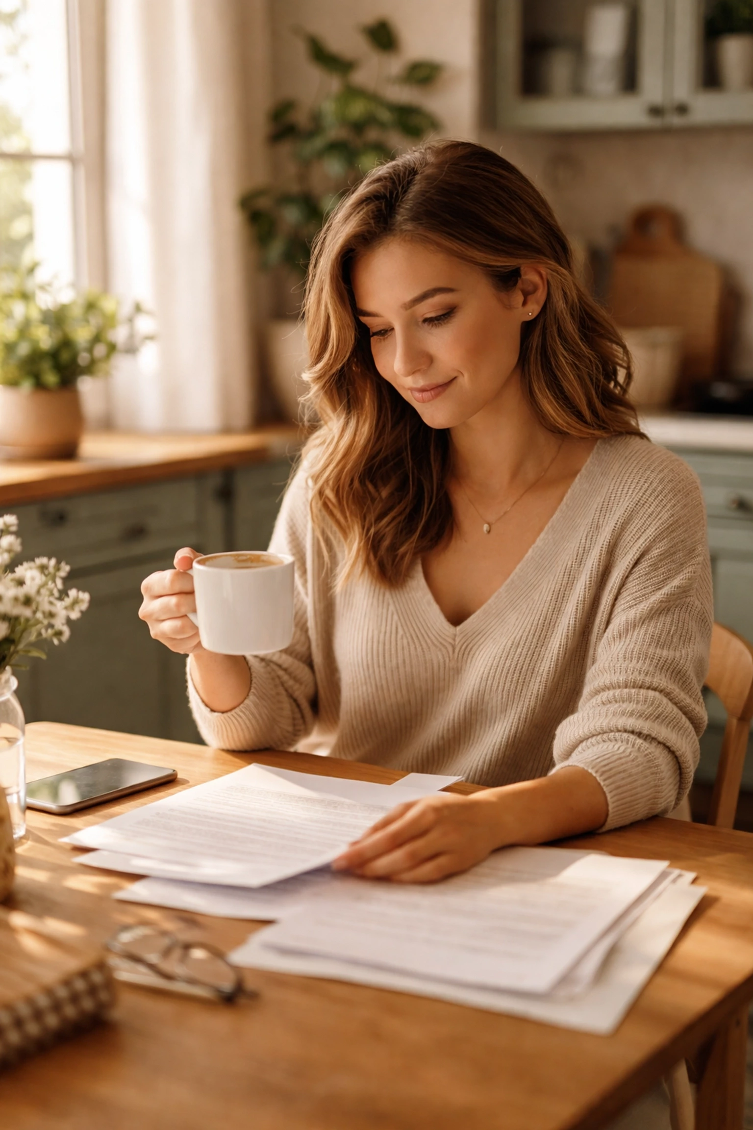 A Pennsylvania woman reviews surrogate compensation documents at her kitchen table, highlighting clarity and informed decisions.