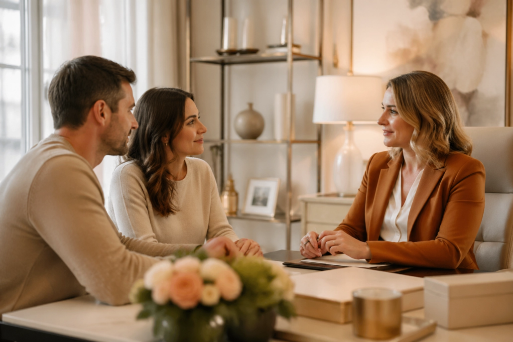 Intended Parents meeting with a surrogacy advisor while comparing agency options.