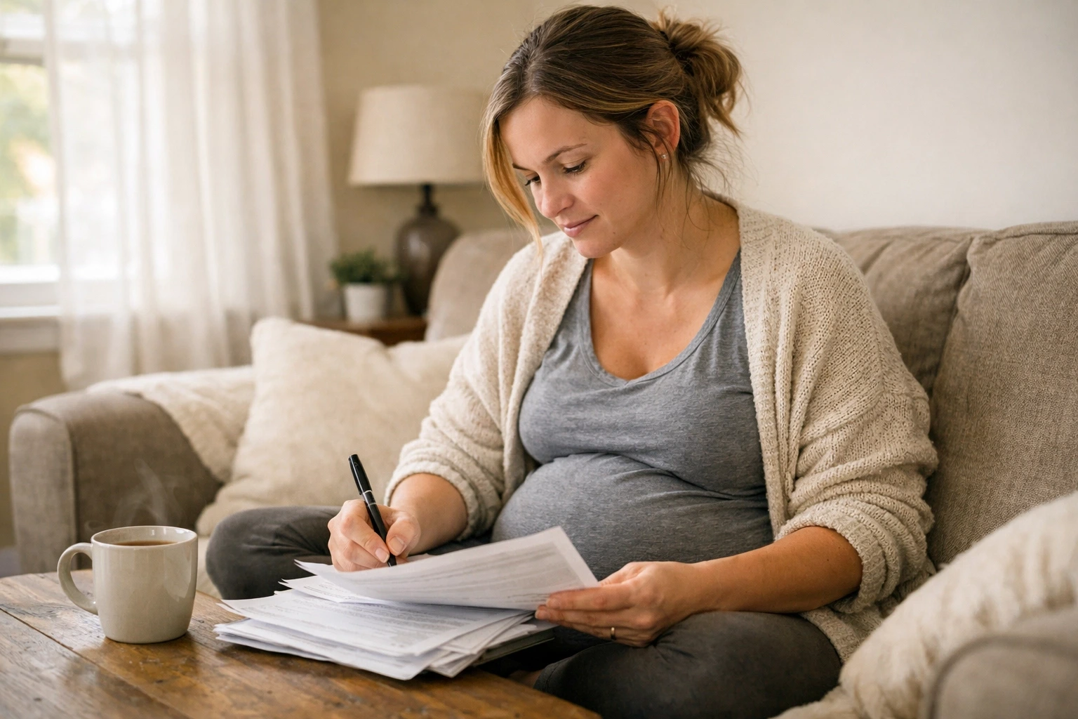 Massachusetts Surrogate reviewing surrogacy paperwork at home