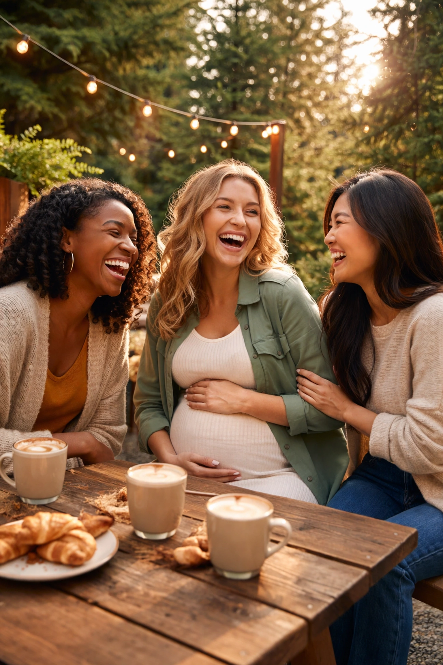 Three women, including a pregnant Surrogate, laugh together at a Pacific Northwest cafe, showcasing surrogacy community support.