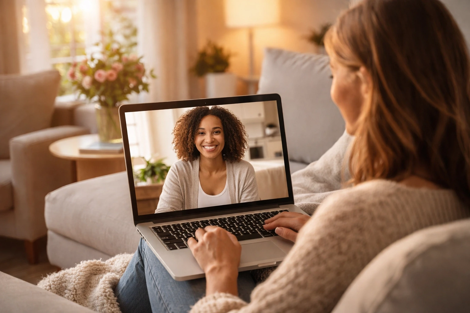 Two women connecting by video call during the surrogacy matching phase in Washington