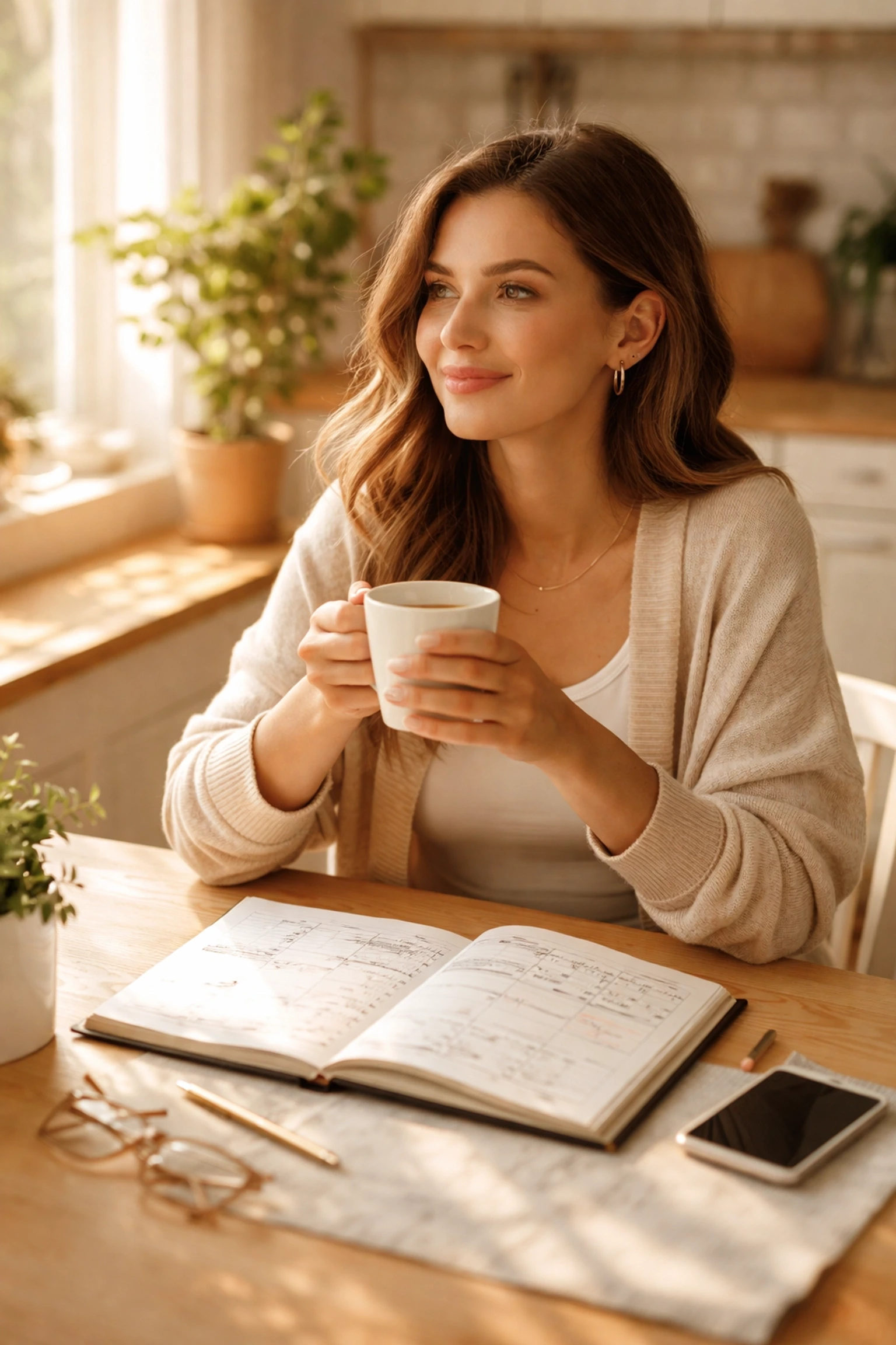 Woman planning surrogacy timeline in Washington at her kitchen table with calendar and tea