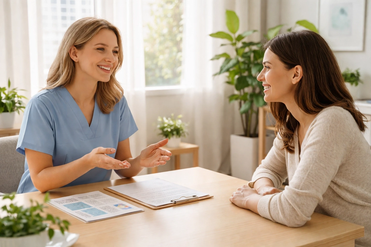 A Surrogate talks with a fertility clinic coordinator during Washington surrogate clinic screening for a supportive consultation.