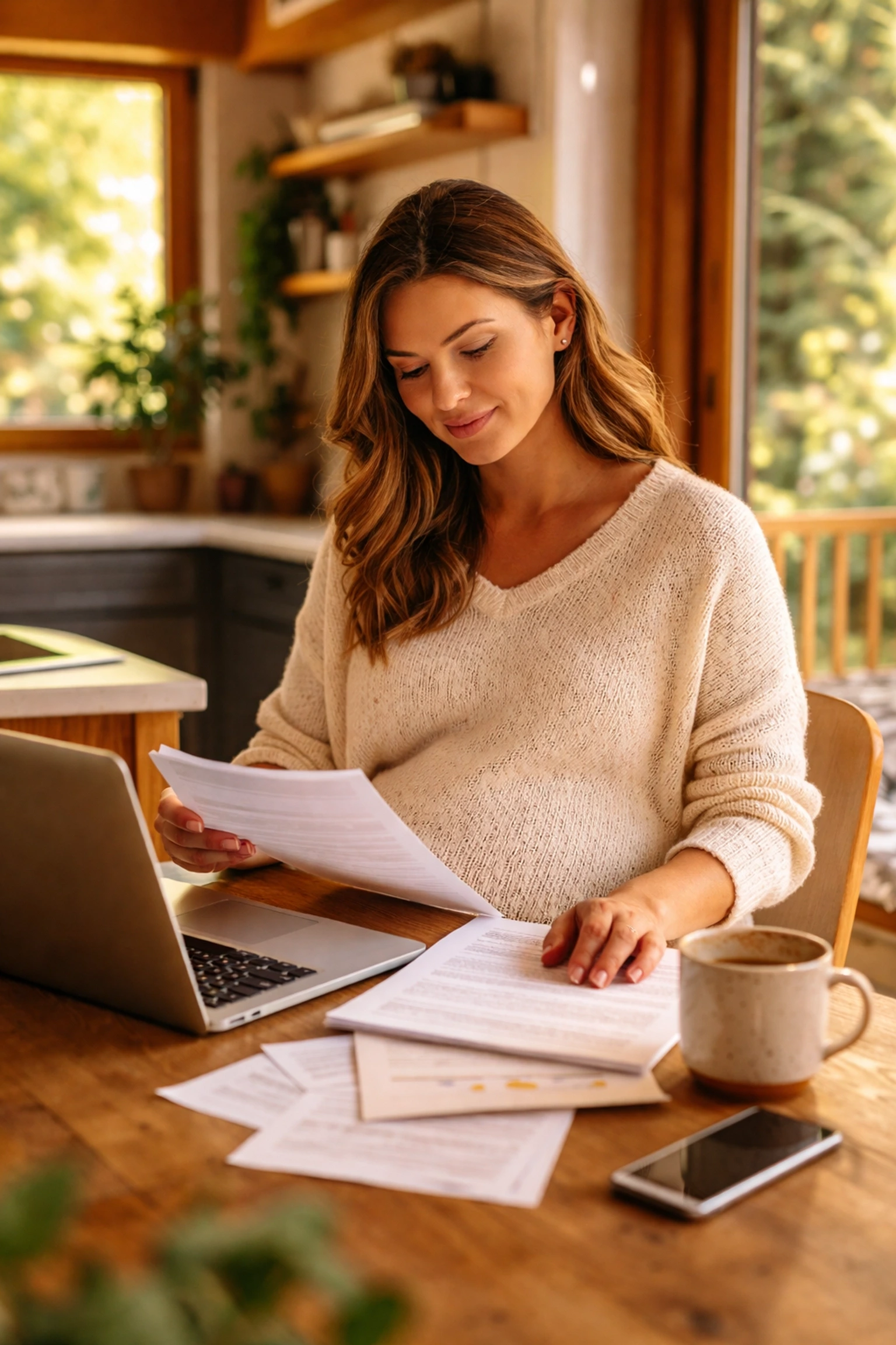 Pregnant woman in a cozy Washington home reviewing surrogate compensation paperwork at her kitchen table