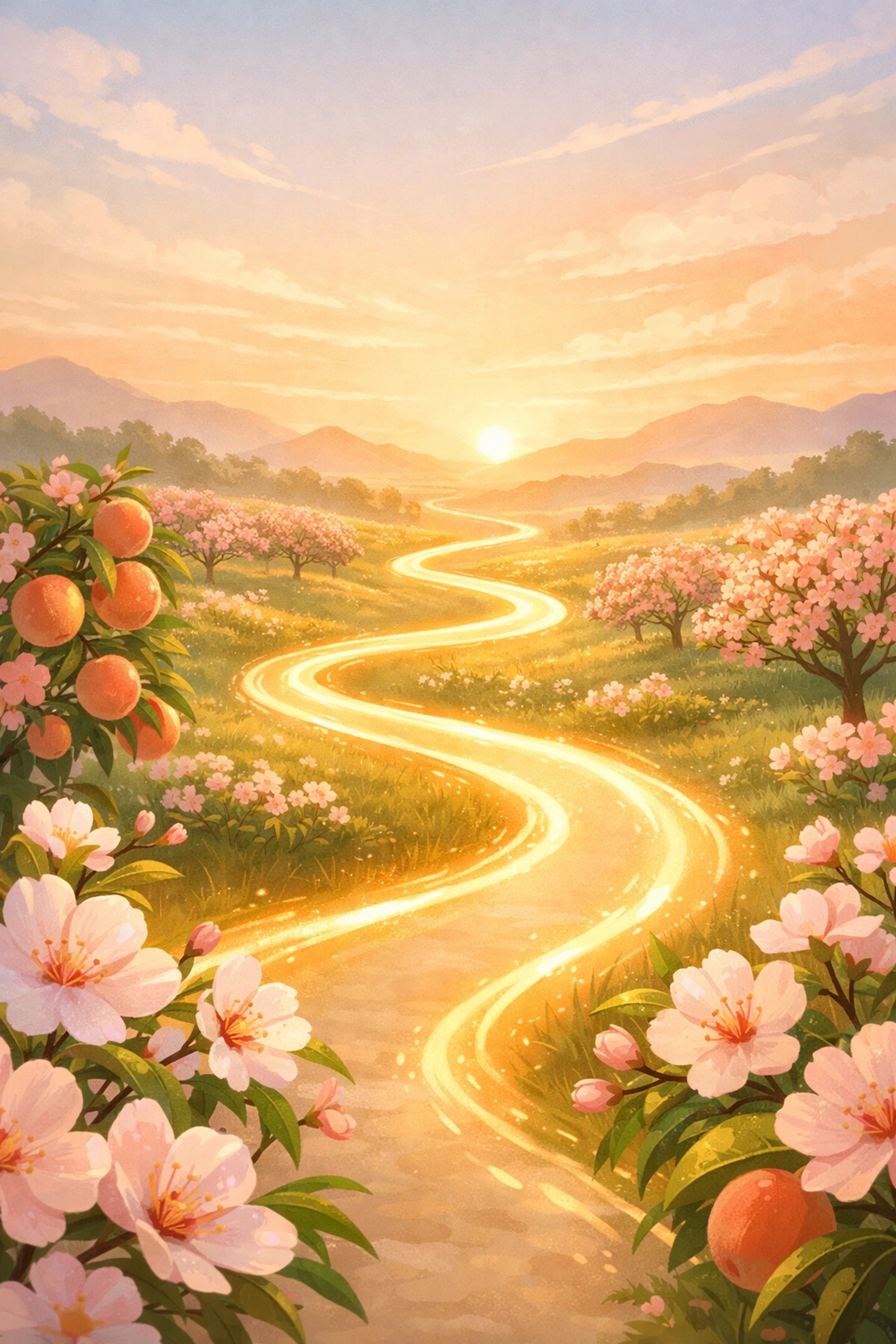 A golden path through Georgia peach blossoms representing the step-by-step surrogacy journey timeline.
