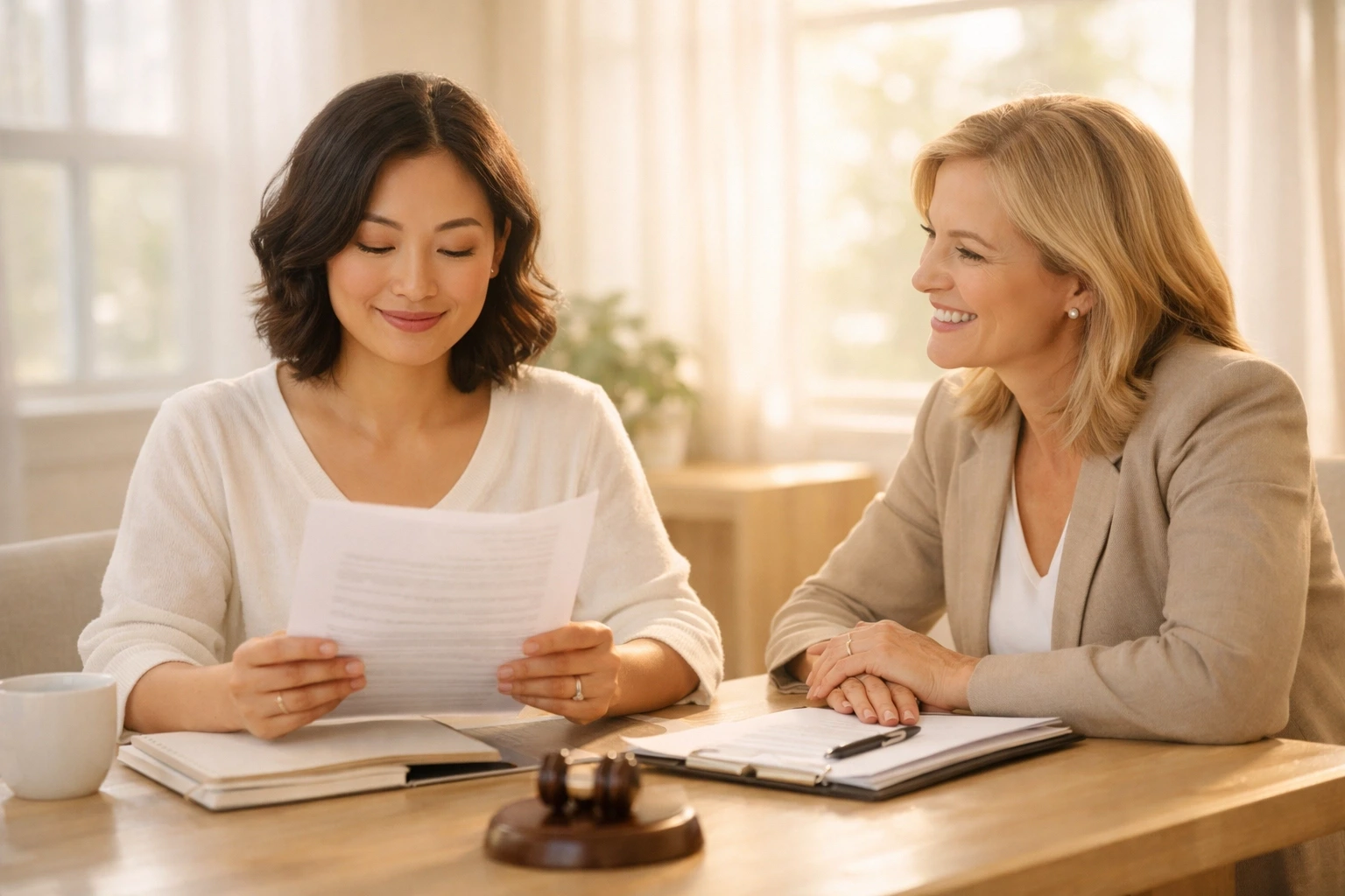 A woman reviews legal documents with a professional, highlighting Georgia surrogate legal requirements and contracts.
