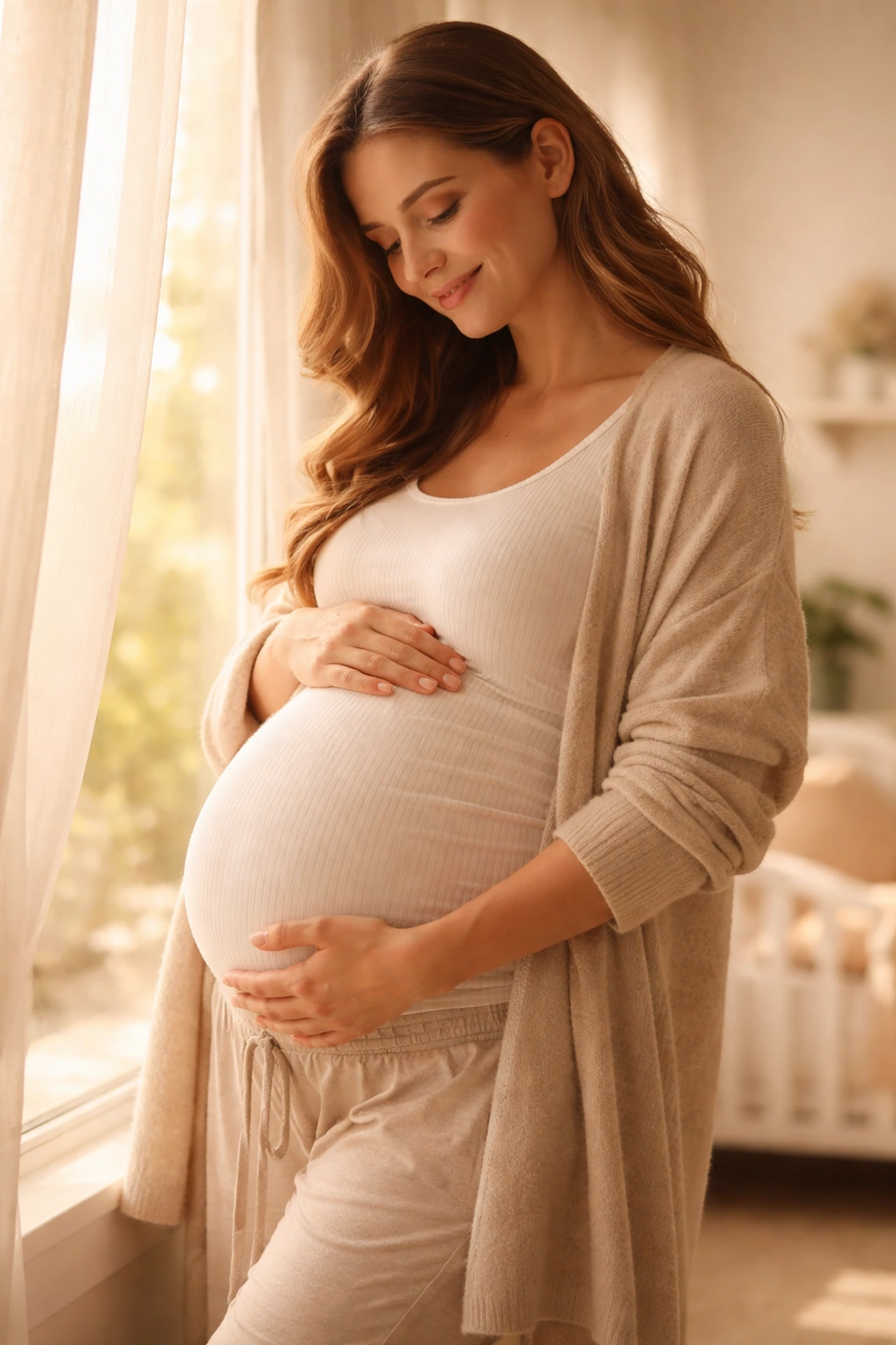 Pregnant woman resting hands on belly near sunny window, representing Michigan surrogacy journey and support