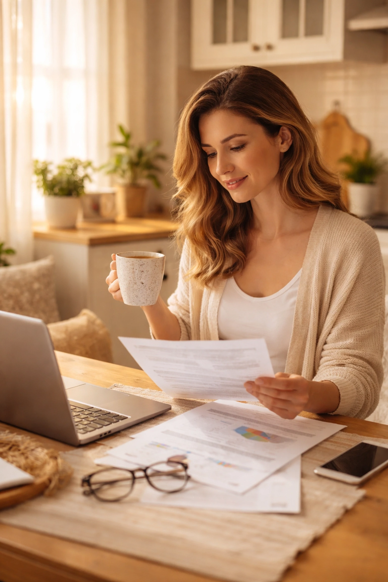 Confident Michigan Surrogate reviews compensation details at home, highlighting financial empowerment and surrogacy pay.