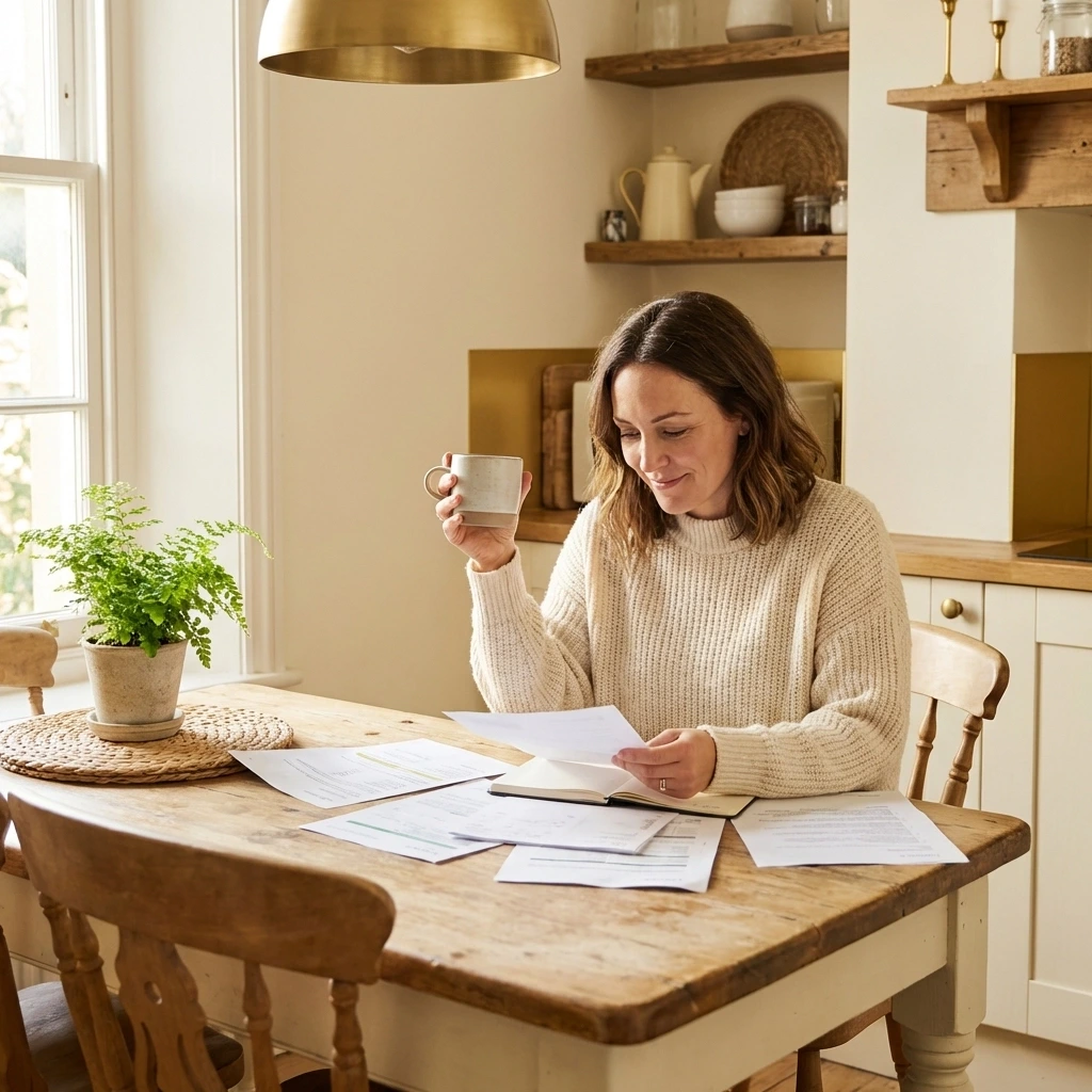 Woman reviewing Ohio surrogacy compensation documents at a bright kitchen table, illustrating payment transparency.