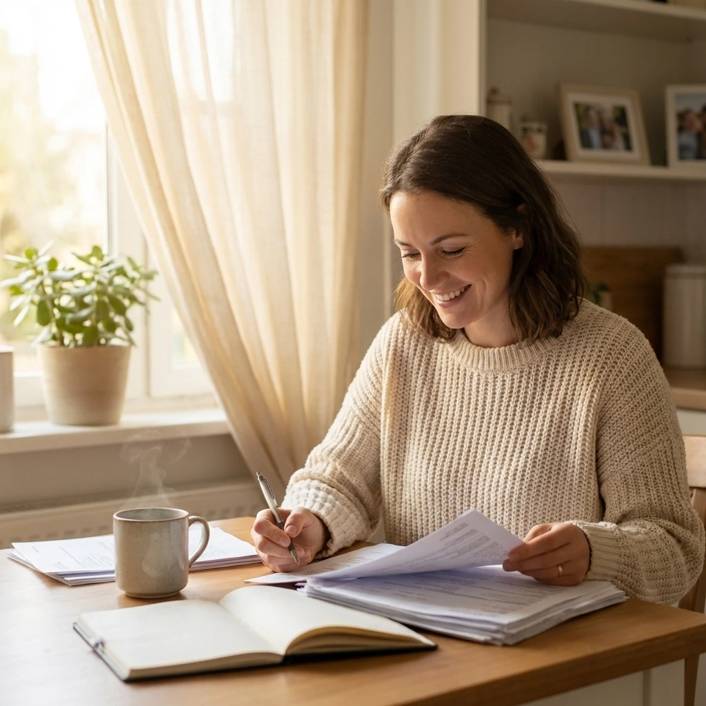Smiling woman reviewing paperwork at home, representing Ohio surrogate requirements and thoughtful eligibility decisions.