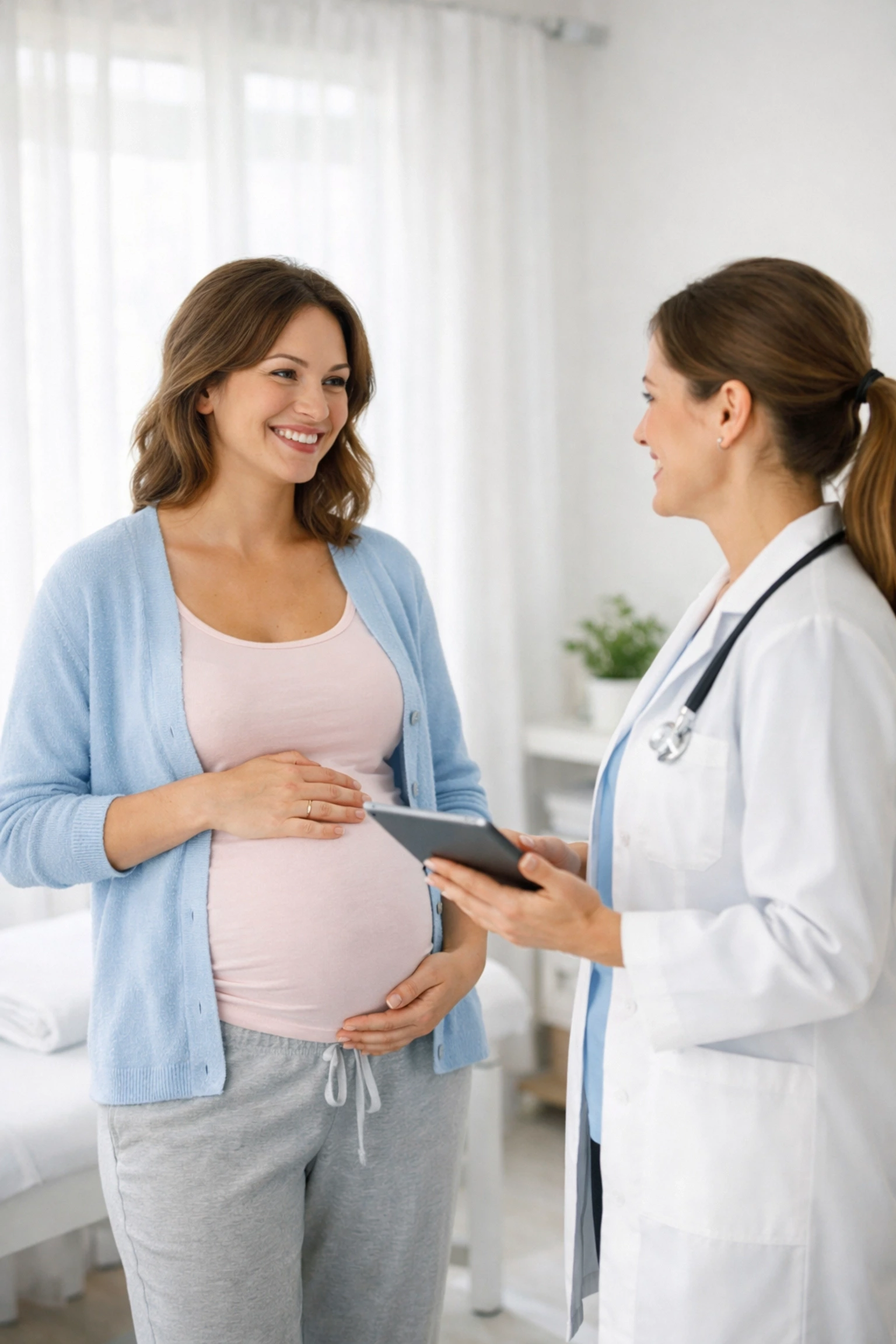 Pregnant surrogate consulting with healthcare provider about medical decisions
