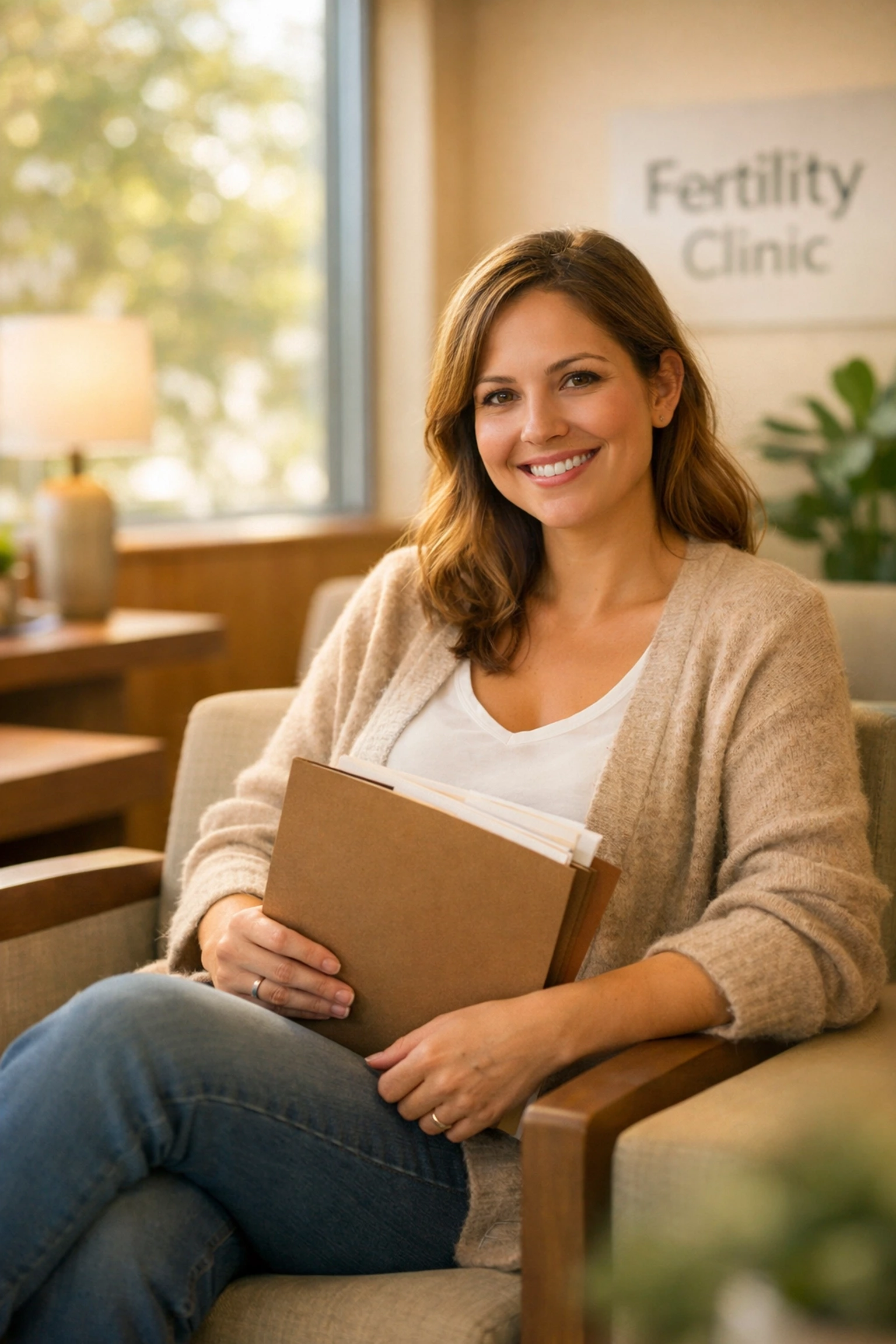 Texas surrogate candidate waiting at fertility clinic with medical documents for screening appointment