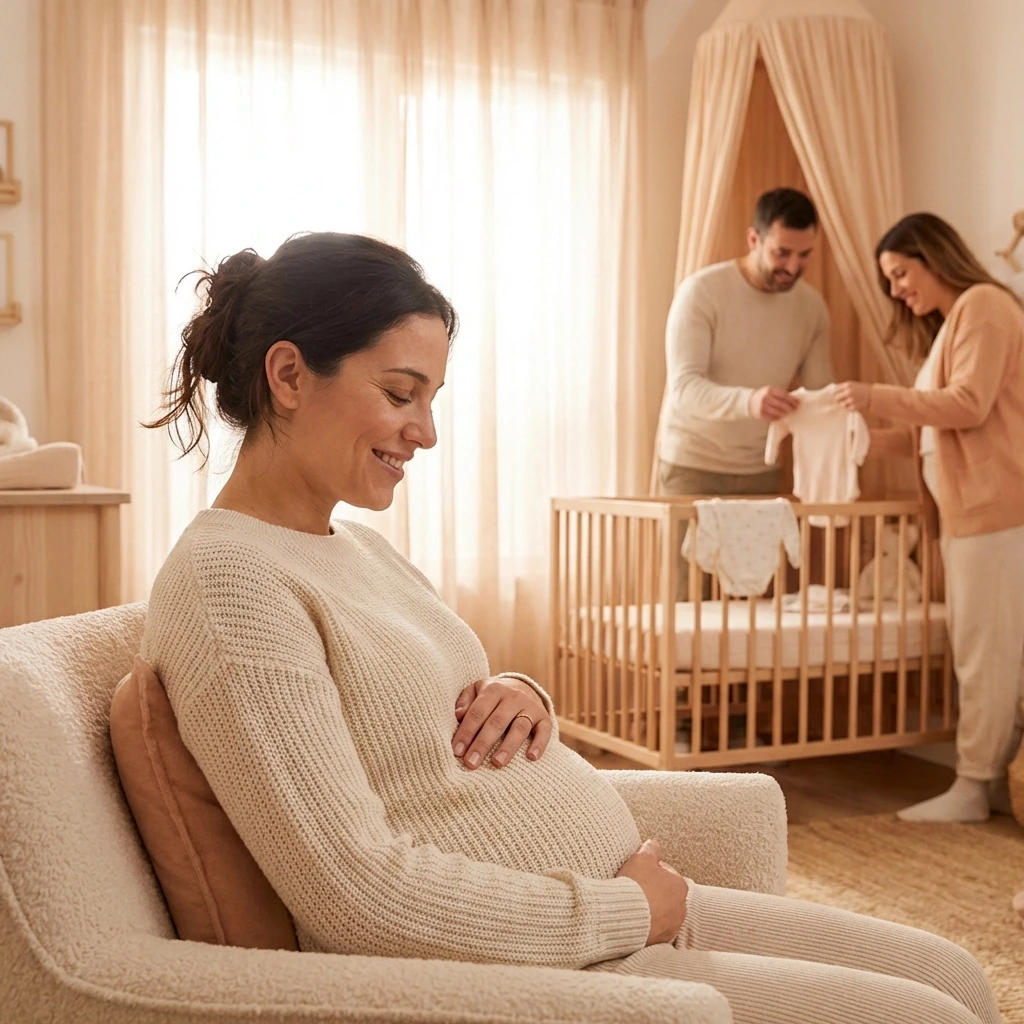 Gestational surrogacy in Illinois shown by a caring pregnant woman and intended parents building a family together