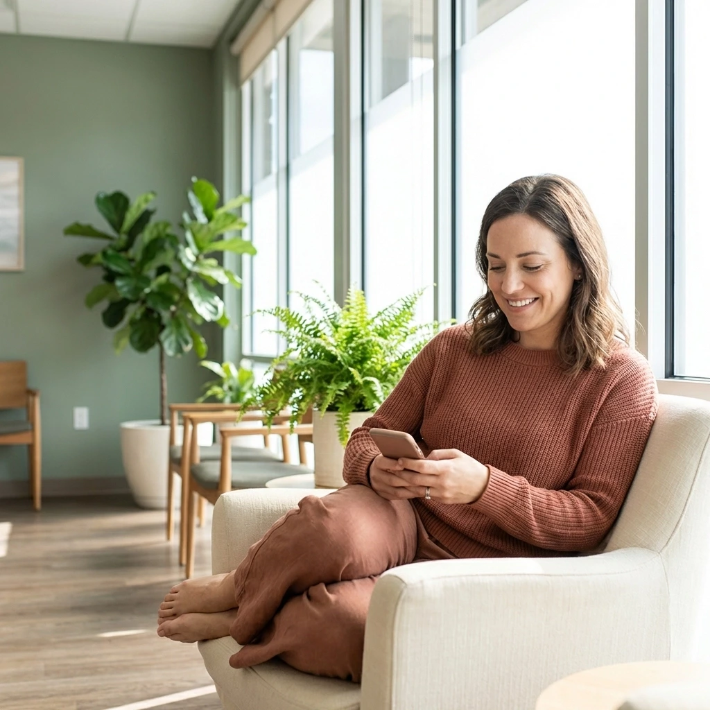 Woman in a sunny medical office waiting area, reflecting on the Illinois surrogacy medical screening process