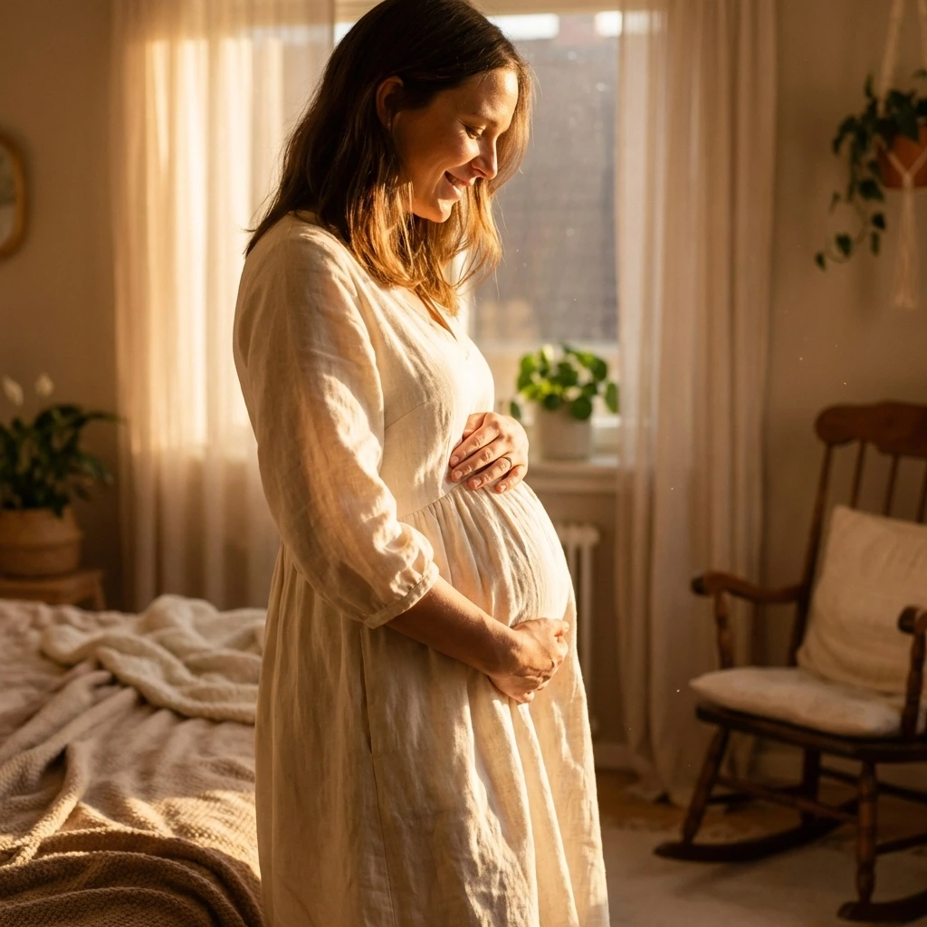 Pregnant woman cradling her belly in a bright room, symbolizing the pregnancy stage in Illinois surrogacy timeline