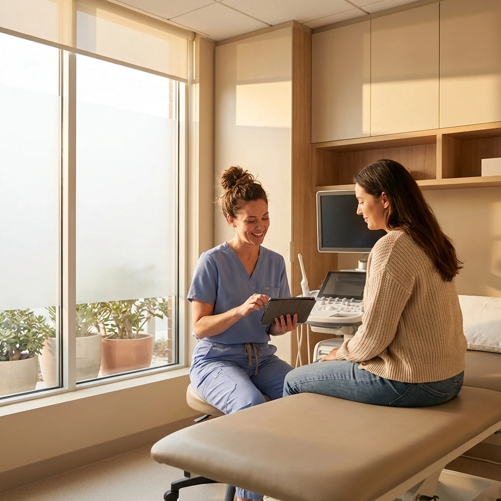 Female healthcare professional explaining medical screening to a surrogate candidate in a bright Illinois fertility clinic