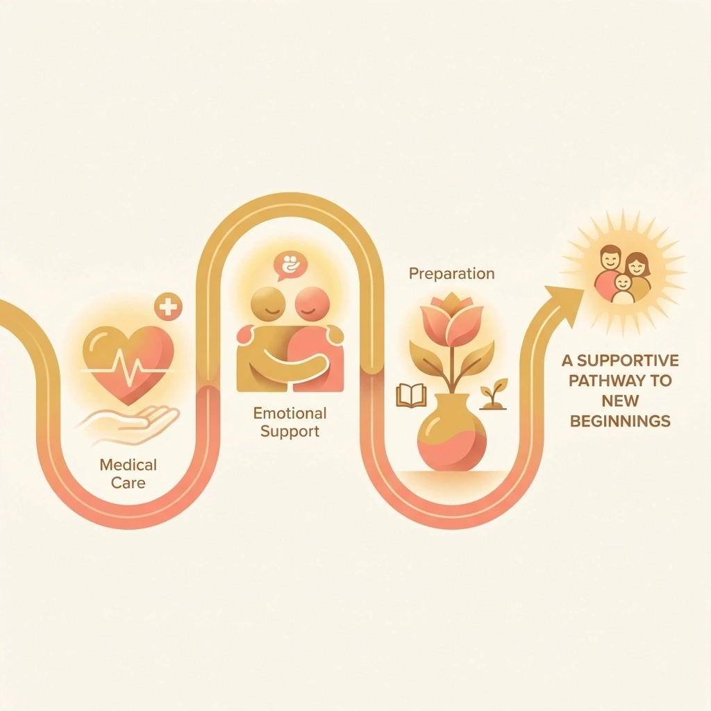 Illustration showing the supportive Illinois surrogate clinic screening journey with symbols for care, emotion, and preparation