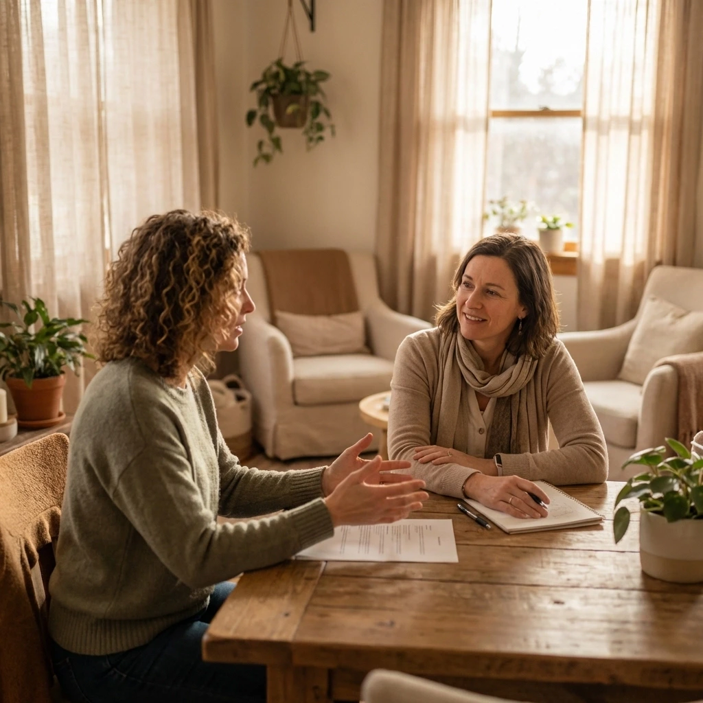 Two women discuss surrogacy contract and legal rights in New York, illustrating surrogate protections and legal representation