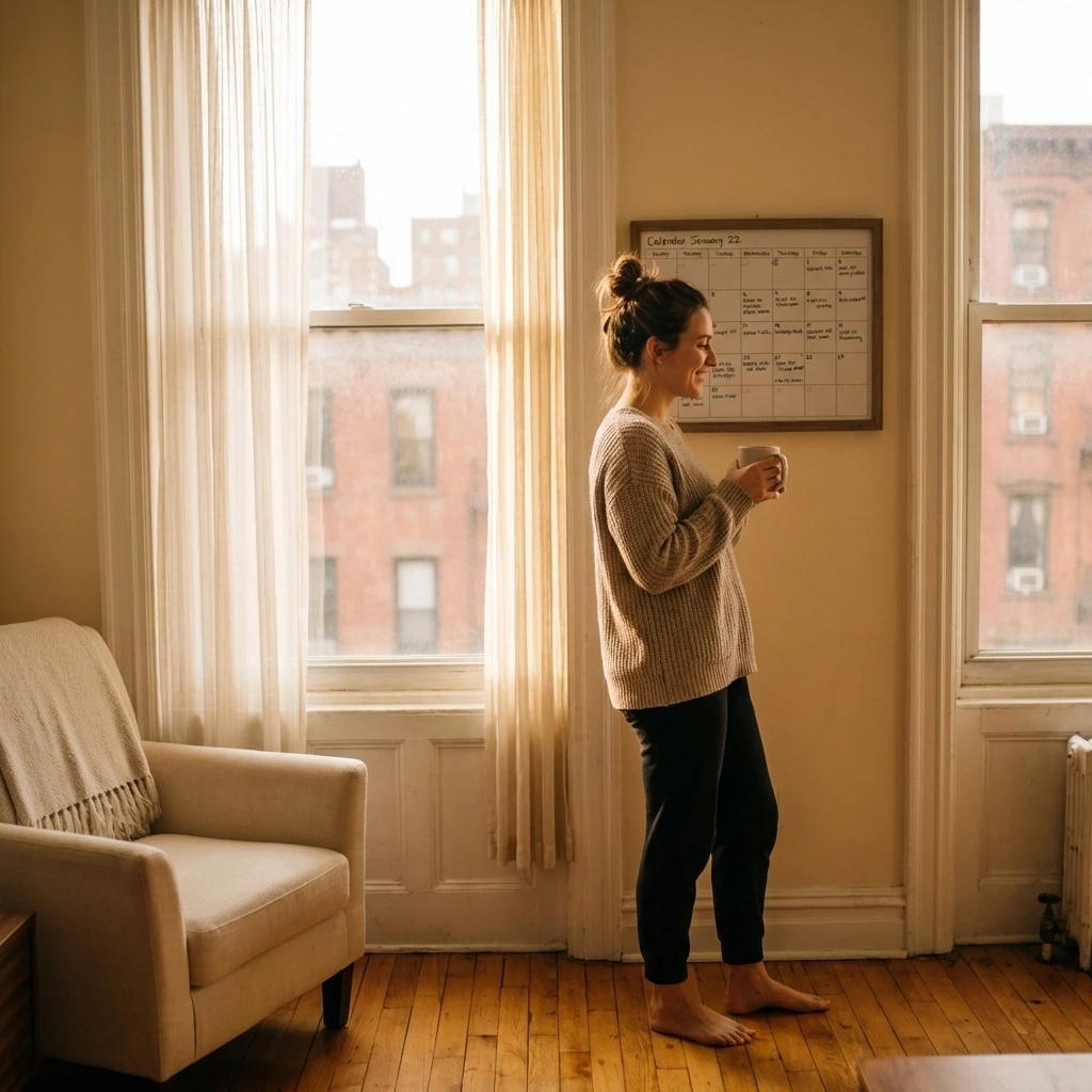 Confident New York woman considers her surrogacy timeline while planning in a sunlit city apartment.