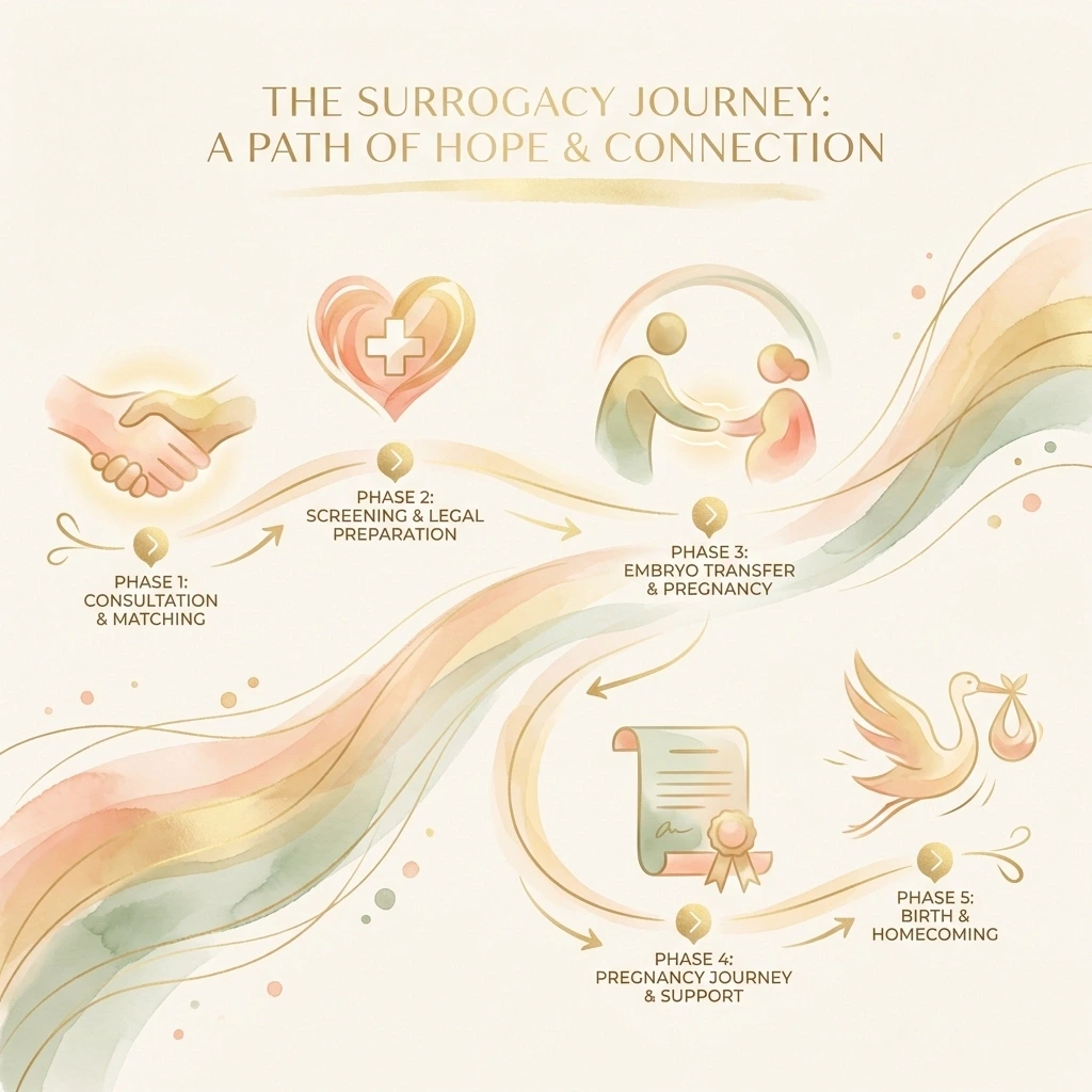 Illustrated timeline shows each phase of the New York surrogacy process for prospective surrogates.