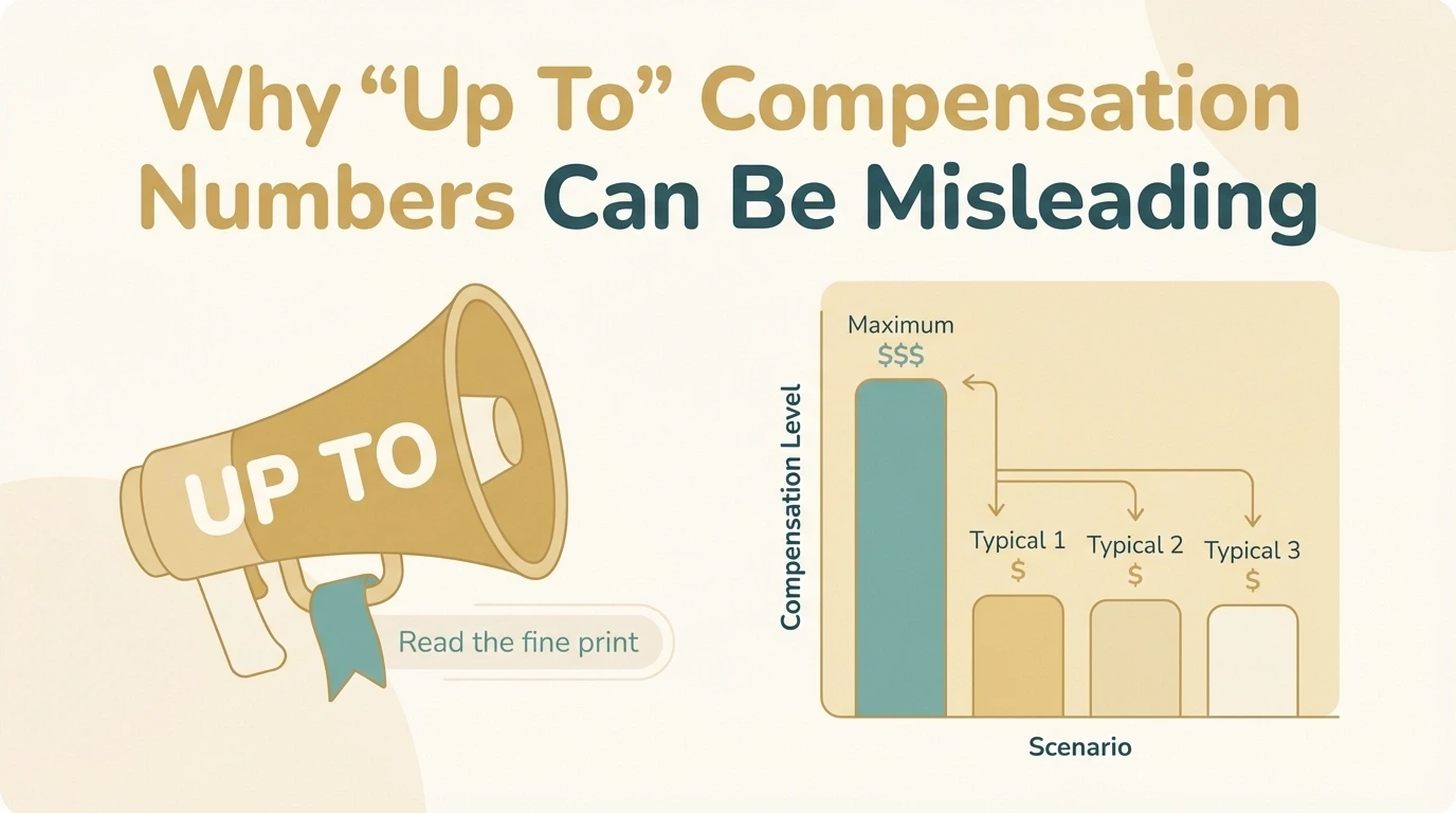 A Golden Surrogacy infographic explaining how "up to" compensation figures can be misleading and emphasizing the importance of transparent, honest base pay for New York surrogates.