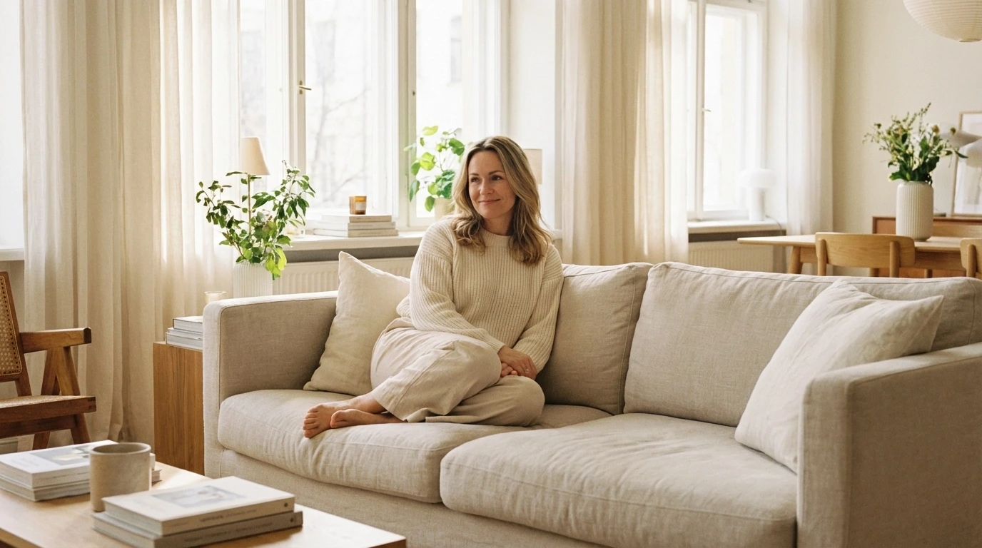 Confident woman relaxes on a cozy sofa, representing healthy lifestyle for New York surrogate requirements.