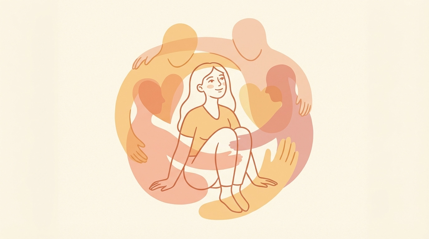 Illustration of a woman surrounded by supportive figures, highlighting emotional readiness for surrogate candidates.