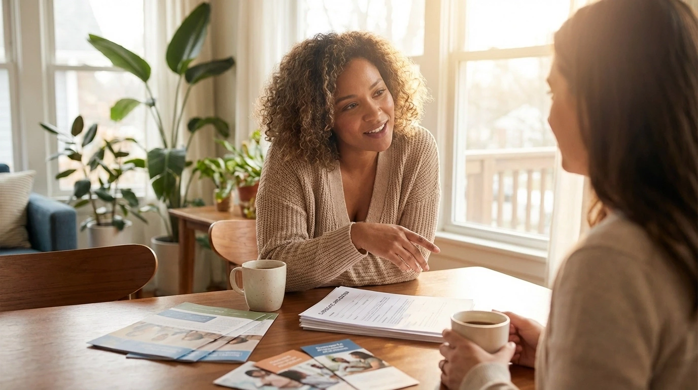 Two women share encouragement at a sunny kitchen table, reflecting support during New York surrogacy application.