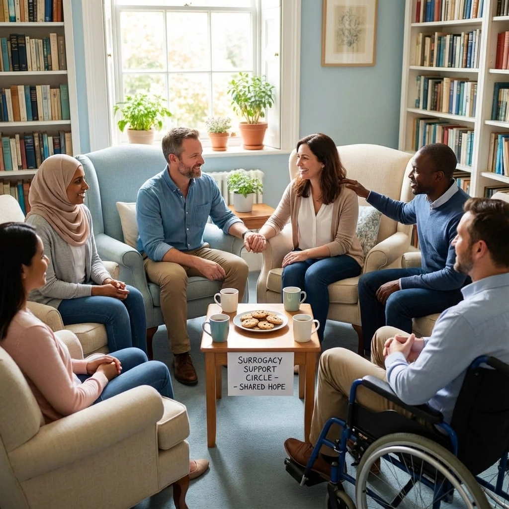 A supportive and reflective scene highlighting the importance of emotional preparation, counseling, and building a strong support network before starting surrogacy.