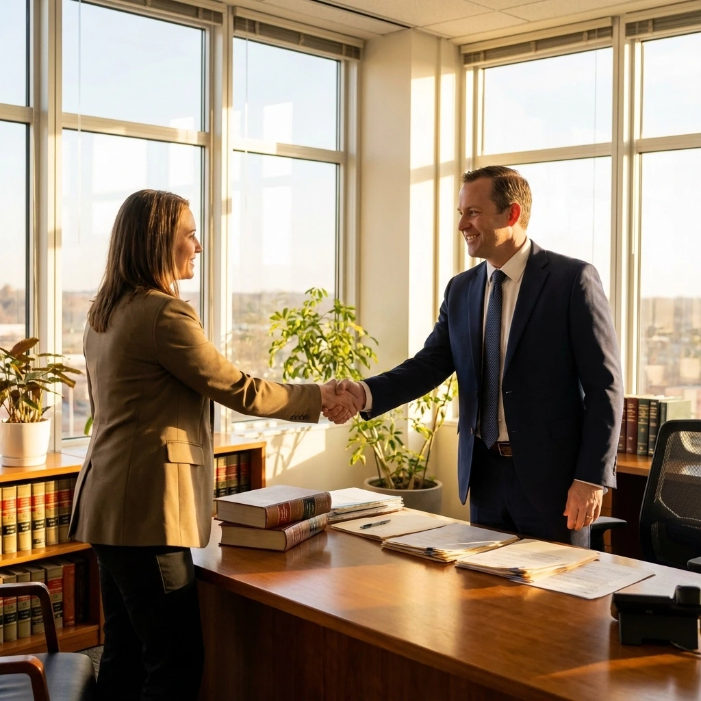A professional woman in a modern office researching company-sponsored surrogacy benefits and fertility coverage on her laptop.