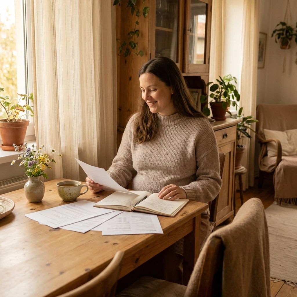 A Surrogate smiling while reviewing a transparent breakdown of her compensation package, including base pay and reimbursements.
