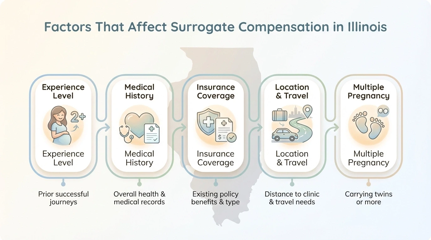 A detailed infographic by Golden Surrogacy illustrating the surrogate compensation package in Illinois, including base pay, benefits, and financial milestones.