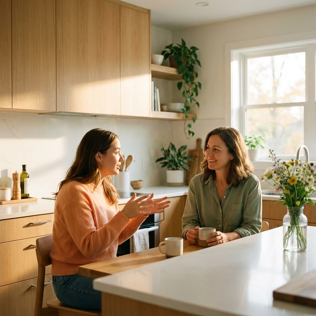 Two women discussing the Illinois surrogacy process at a sunlit kitchen table, representing support and guidance for surrogates.