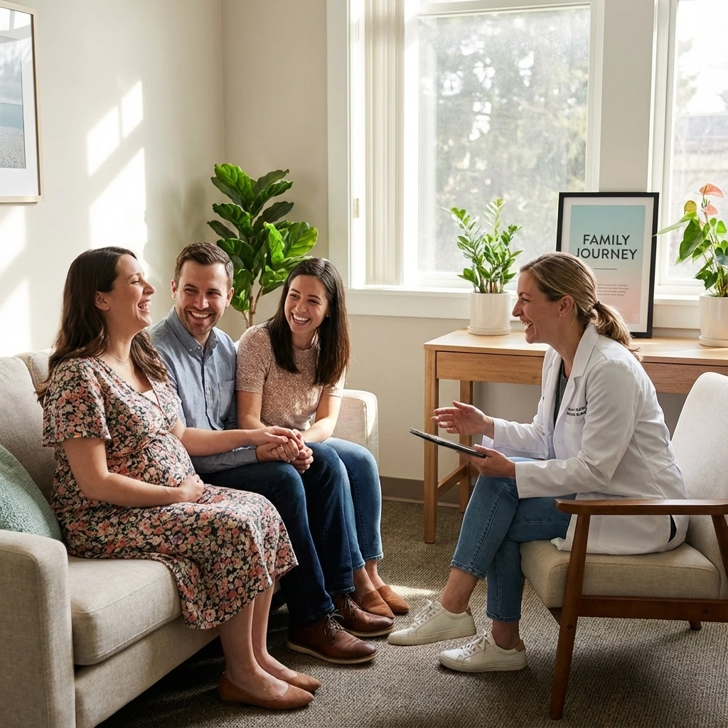 Intended parents and a gestational surrogate sharing a meaningful moment, illustrating the ethical matching process and connection at Golden Surrogacy.