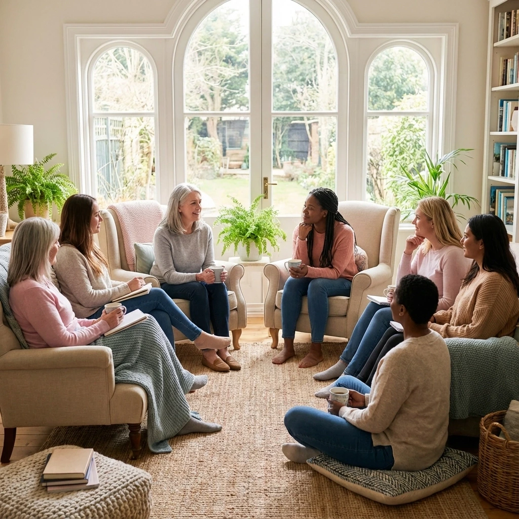 A warm and supportive scene emphasizing the importance of a strong support system and emotional health for gestational surrogates.