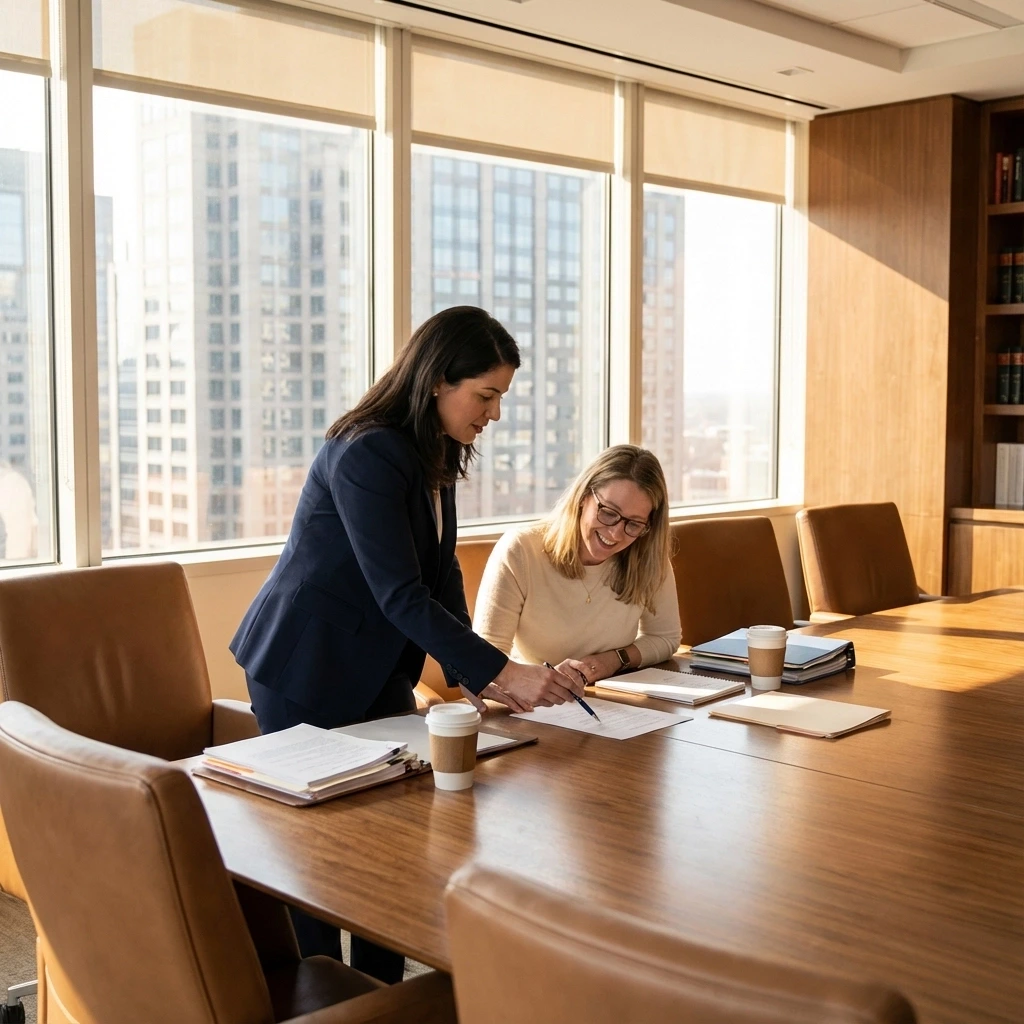 A representation of the legal process in Illinois, showing a surrogate working with independent legal counsel to finalize a surrogacy agreement.