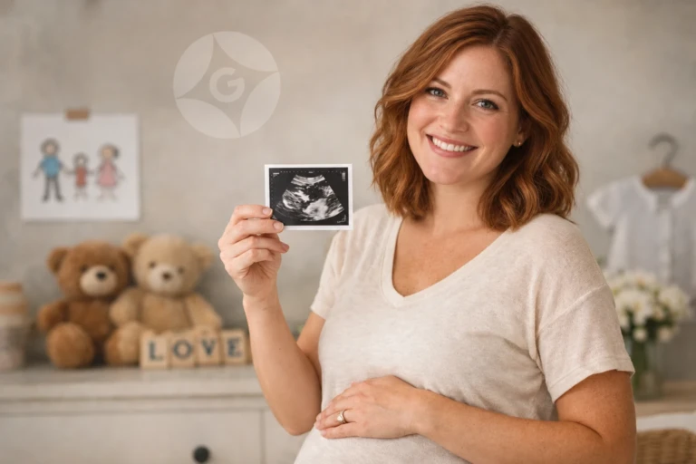 Smiling pregnant woman holding an ultrasound photo in a softly lit nursery